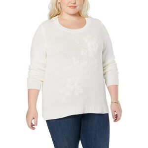 Style & Co. Womens Plus Embroidered Three-Quarter Sleeves Pullover Sweater